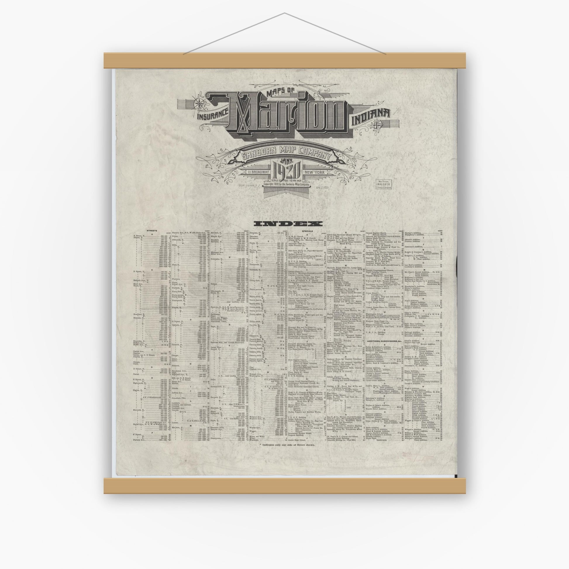 Old map wall art mockup — magnetic wood frame on white wall — Sanborn Fire Insurance Map from Marion, Grant County, Indiana (1920), Sheet #0001