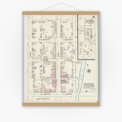 Old map wall art mockup — magnetic wood frame on white wall — Sanborn Fire Insurance Map from Tyrone, Blair County, Pennsylvania (1884), Sheet #0003