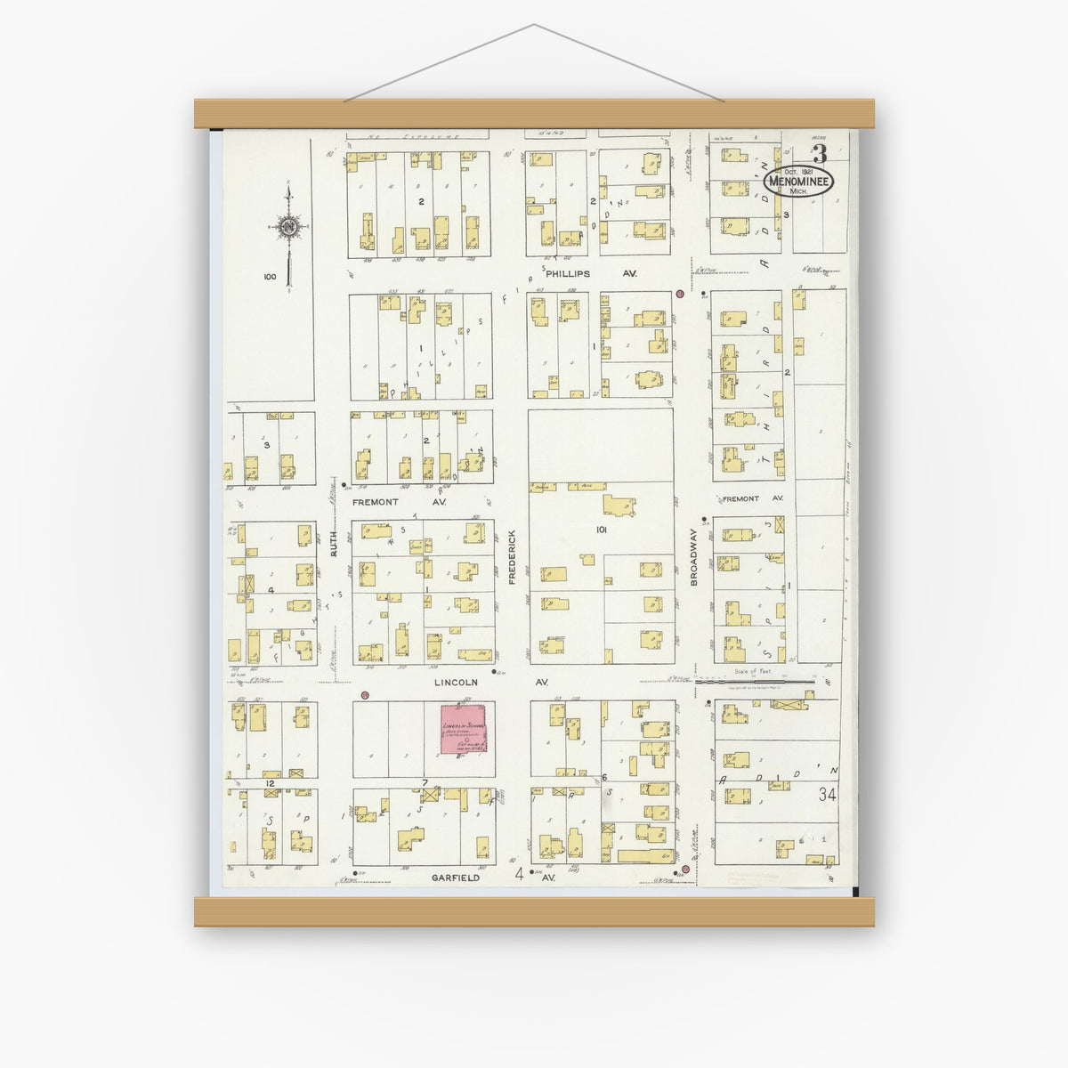 Old map wall art mockup — magnetic wood frame on white wall — Sanborn Fire Insurance Map from Menominee, Menominee County, Michigan (1921), Sheet #0003
