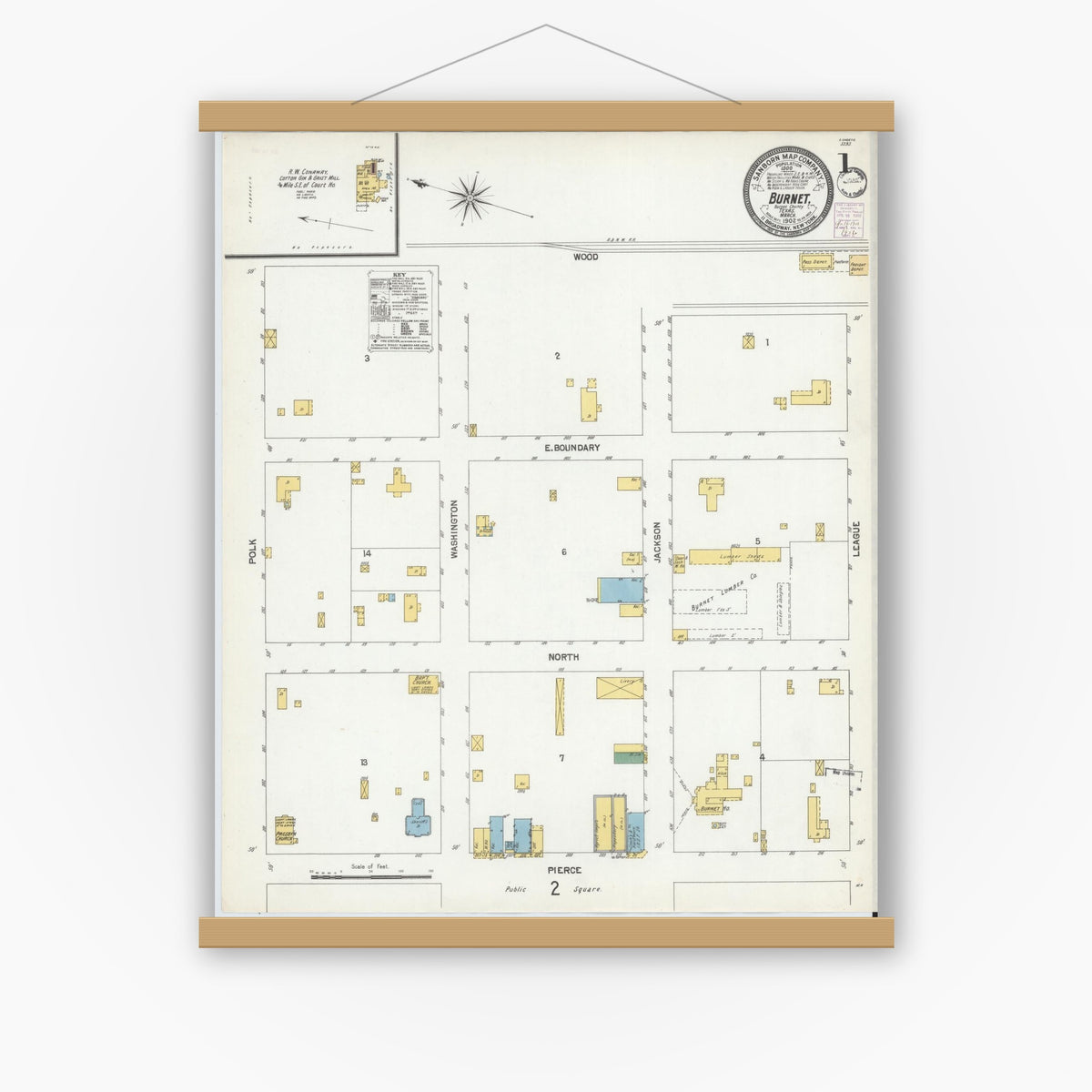 Old map wall art mockup — magnetic wood frame on white wall — Sanborn Fire Insurance Map from Burnet, Burnet County, Texas (1902) - Complete Map Set