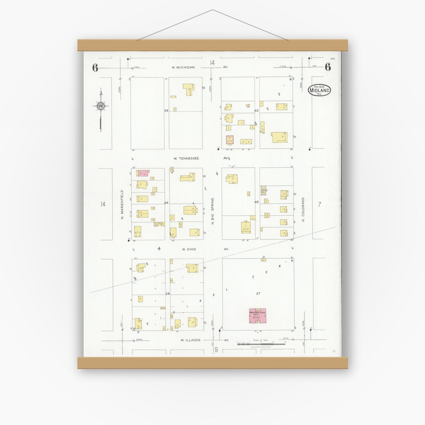 Old map wall art mockup — magnetic wood frame on white wall — Sanborn Fire Insurance Map from Midland, Midland County, Texas (1929), Sheet #0006