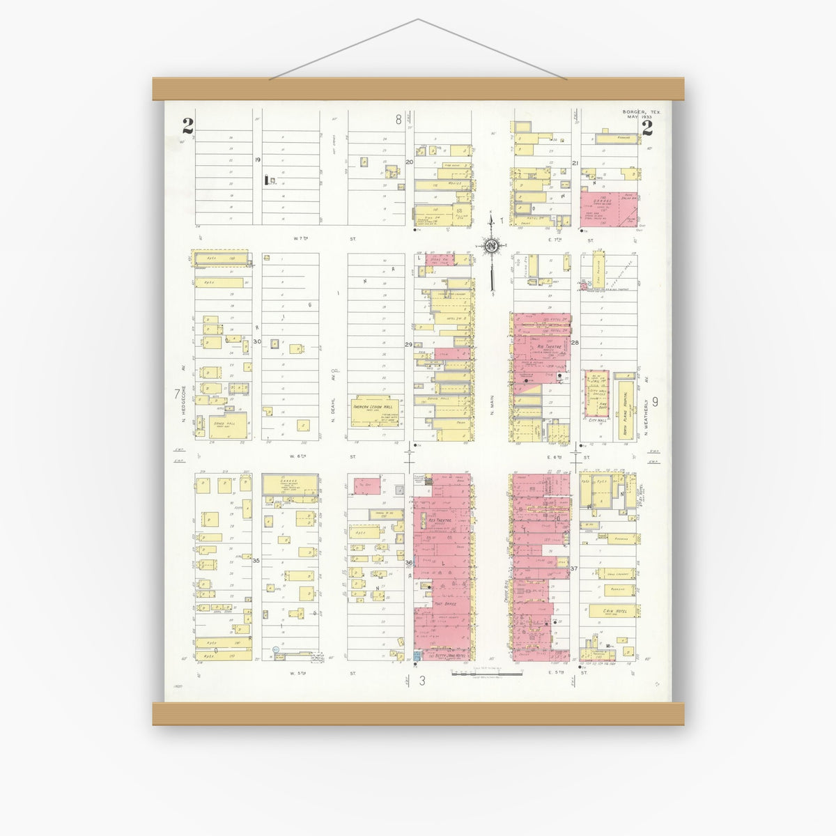 Old map wall art mockup — magnetic wood frame on white wall — Sanborn Fire Insurance Map from Borger, Hutchinson County, Texas (1933), Sheet #0002