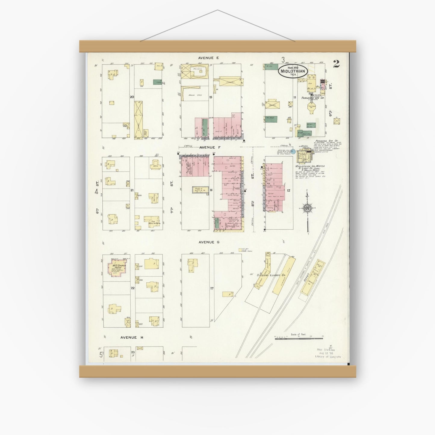 Old map wall art mockup — magnetic wood frame on white wall — Sanborn Fire Insurance Map from Midlothian, Ellis County, Texas (1910), Sheet #0002
