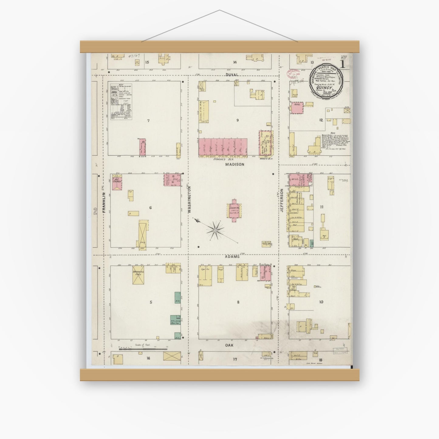 Old map wall art mockup — magnetic wood frame on white wall — Sanborn Fire Insurance Map from Quincy, Gadsden County, Florida (1895) - Complete Map Set