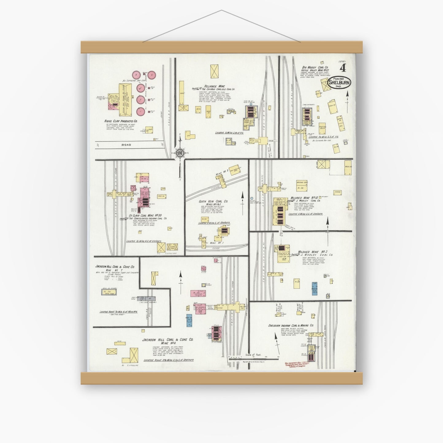 Old map wall art mockup — magnetic wood frame on white wall — Sanborn Fire Insurance Map from Shelburn, Sullivan County, Indiana (1921), Sheet #0004