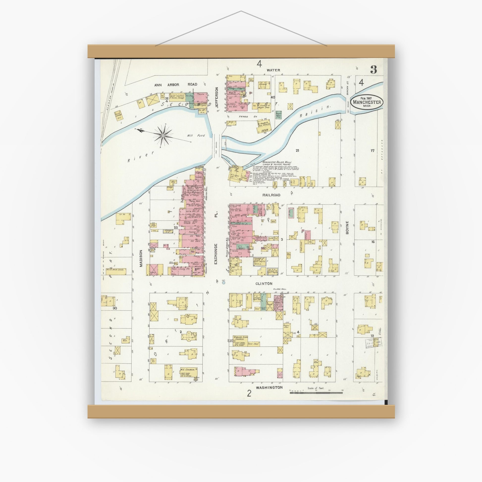 Old map wall art mockup — magnetic wood frame on white wall — Sanborn Fire Insurance Map from Manchester, Washtenaw County, Michigan (1907), Sheet #0003
