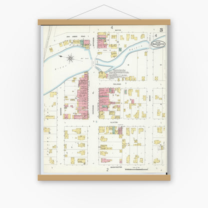 Old map wall art mockup — magnetic wood frame on white wall — Sanborn Fire Insurance Map from Manchester, Washtenaw County, Michigan (1907), Sheet #0003