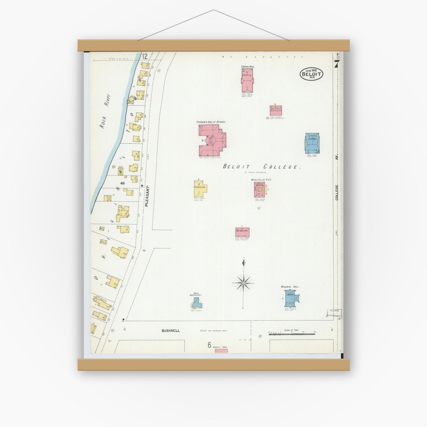 Old map wall art mockup — magnetic wood frame on white wall — Sanborn Fire Insurance Map from Beloit, Rock County, Wisconsin (1902), Sheet #0007