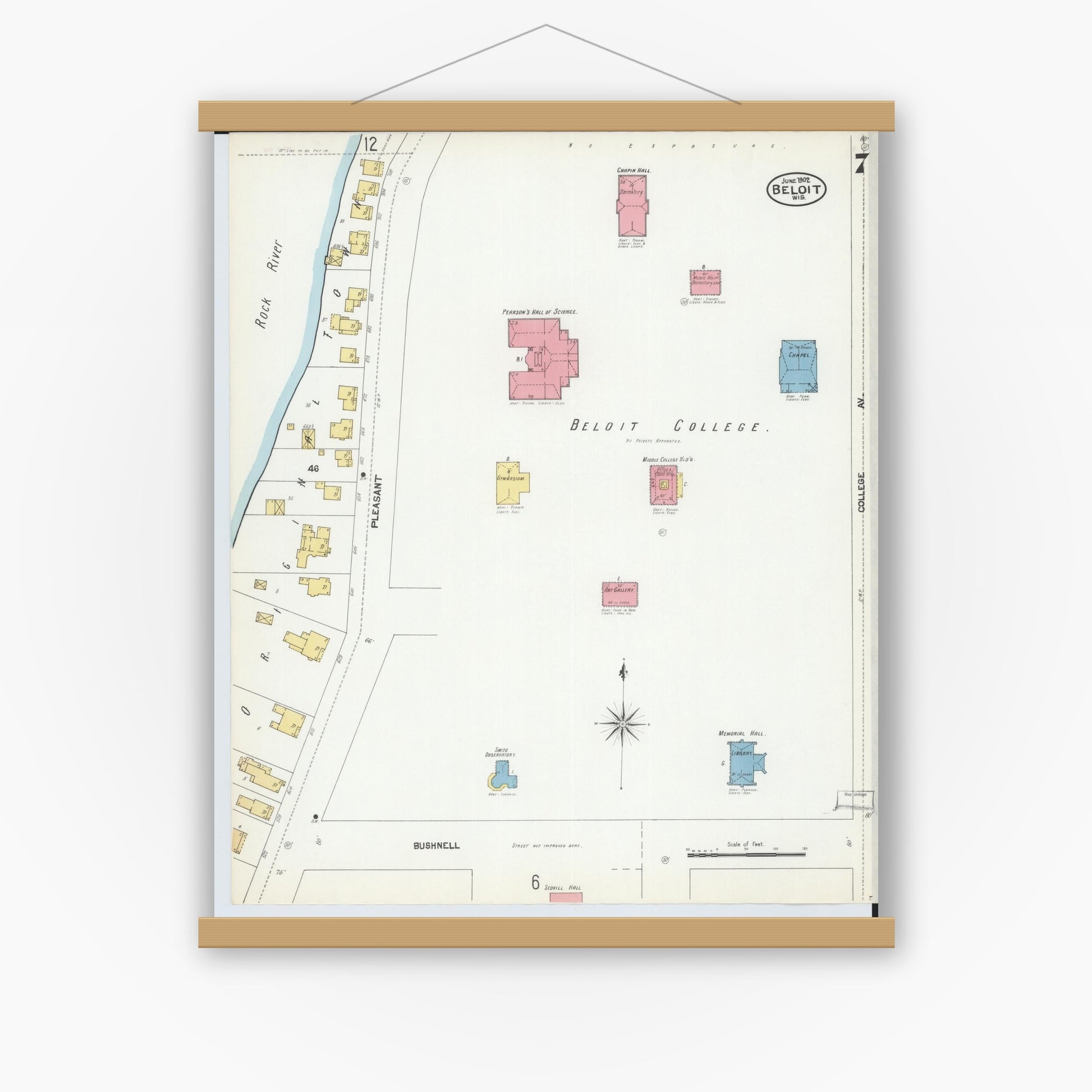 Old map wall art mockup — magnetic wood frame on white wall — Sanborn Fire Insurance Map from Beloit, Rock County, Wisconsin (1902), Sheet #0007