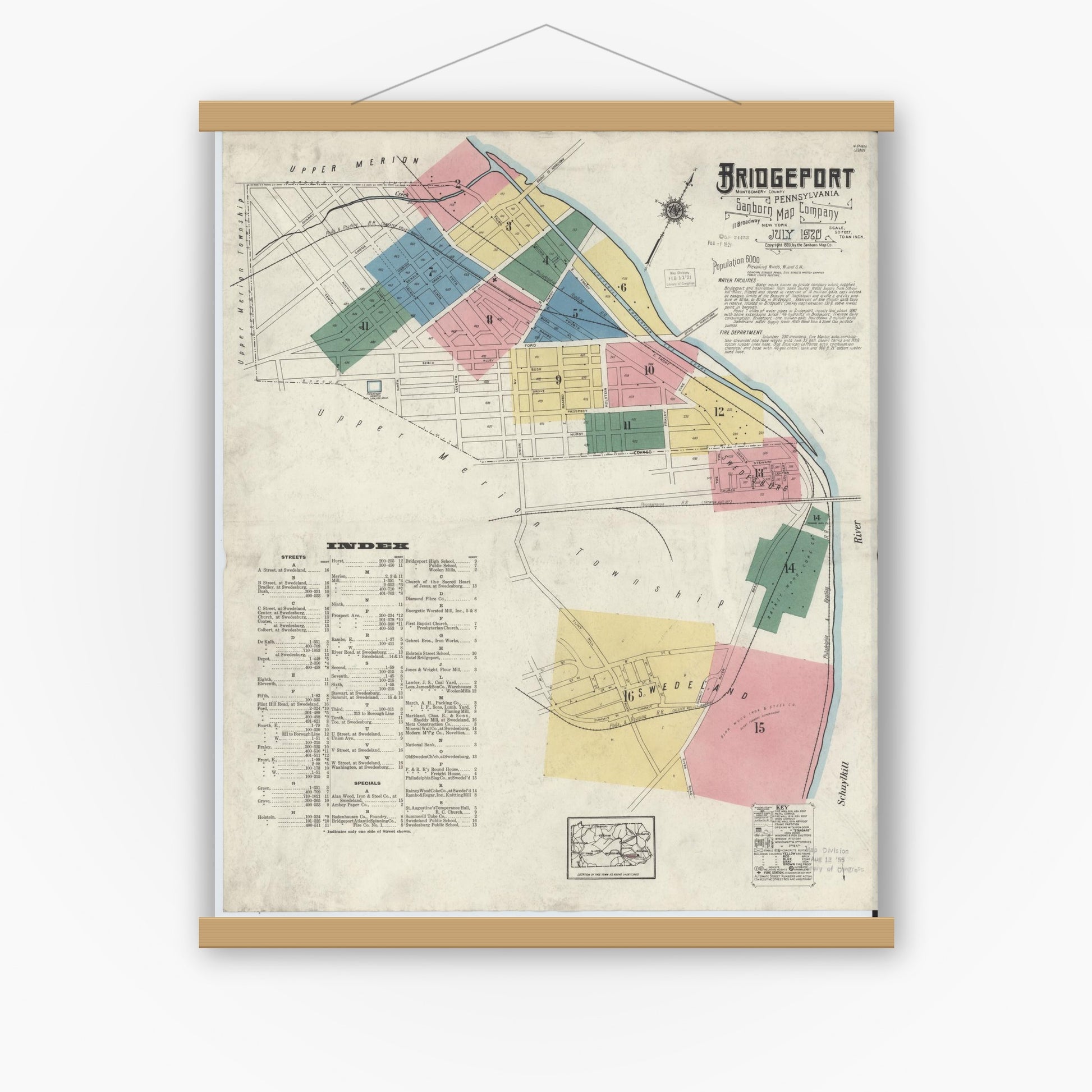 Old map wall art mockup — magnetic wood frame on white wall — Sanborn Fire Insurance Map from Bridgeport, Montgomery County, Pennsylvania (1920), Sheet #0001