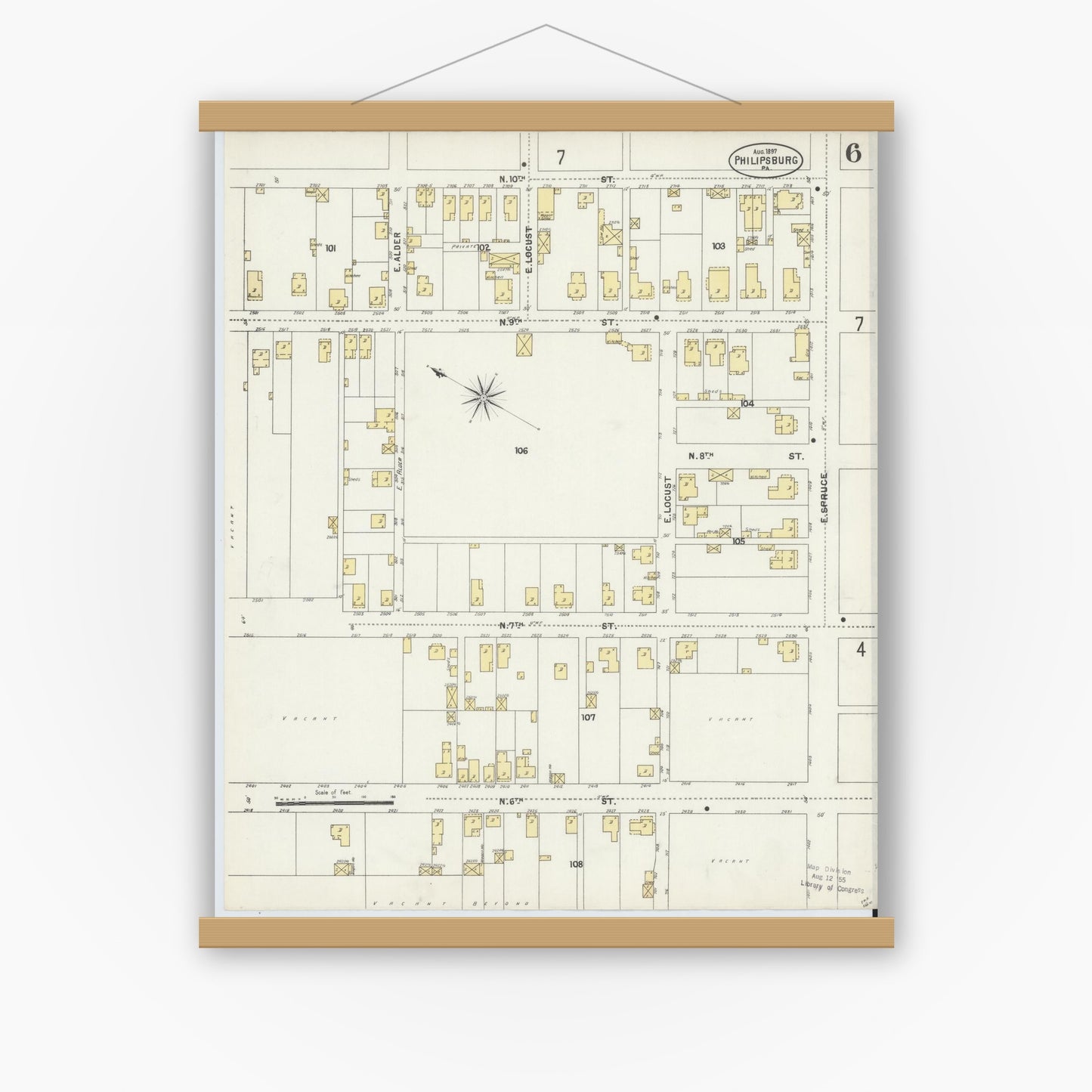 Old map wall art mockup — magnetic wood frame on white wall — Sanborn Fire Insurance Map from Philipsburg, Centre County, Pennsylvania (1897), Sheet #0006