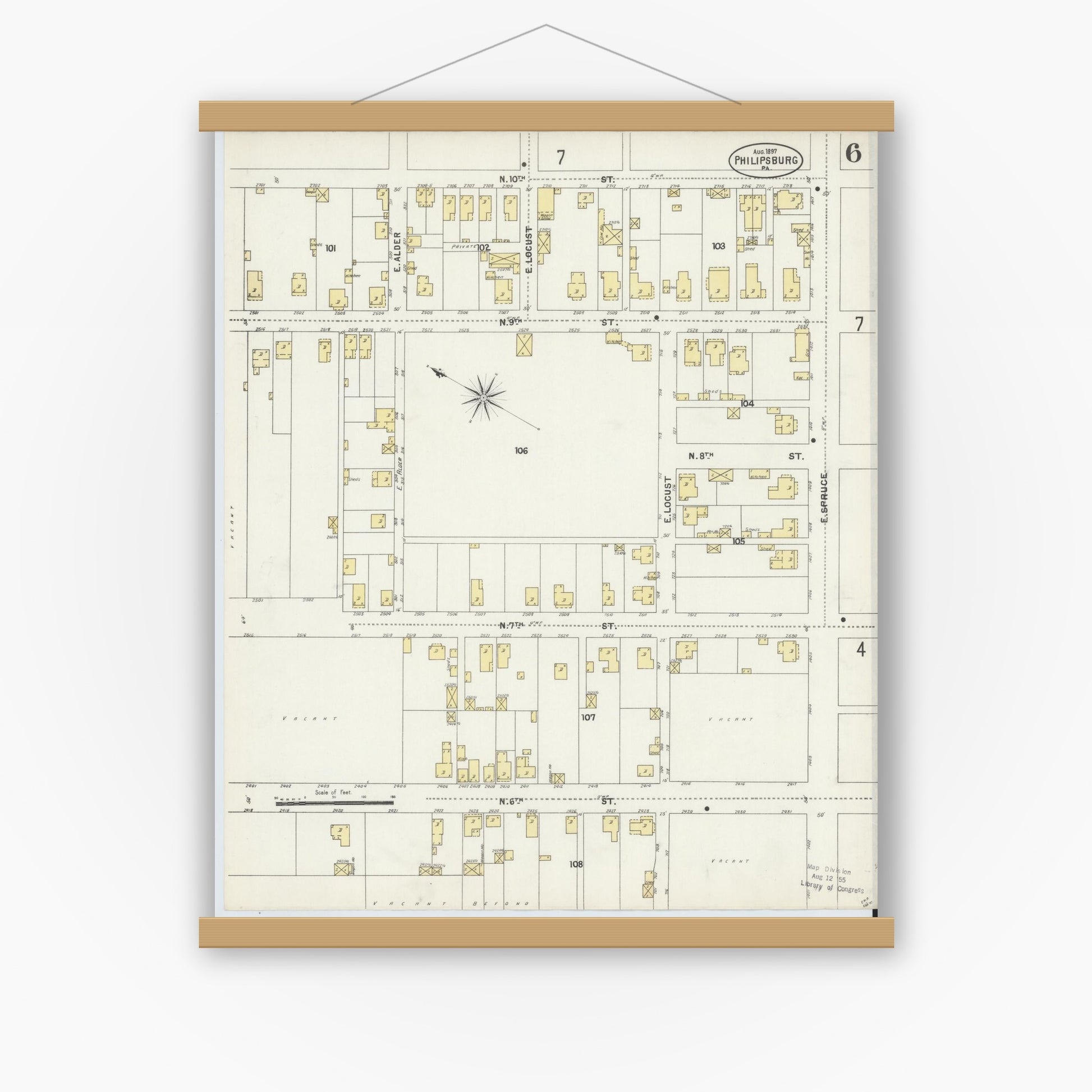 Old map wall art mockup — magnetic wood frame on white wall — Sanborn Fire Insurance Map from Philipsburg, Centre County, Pennsylvania (1897), Sheet #0006