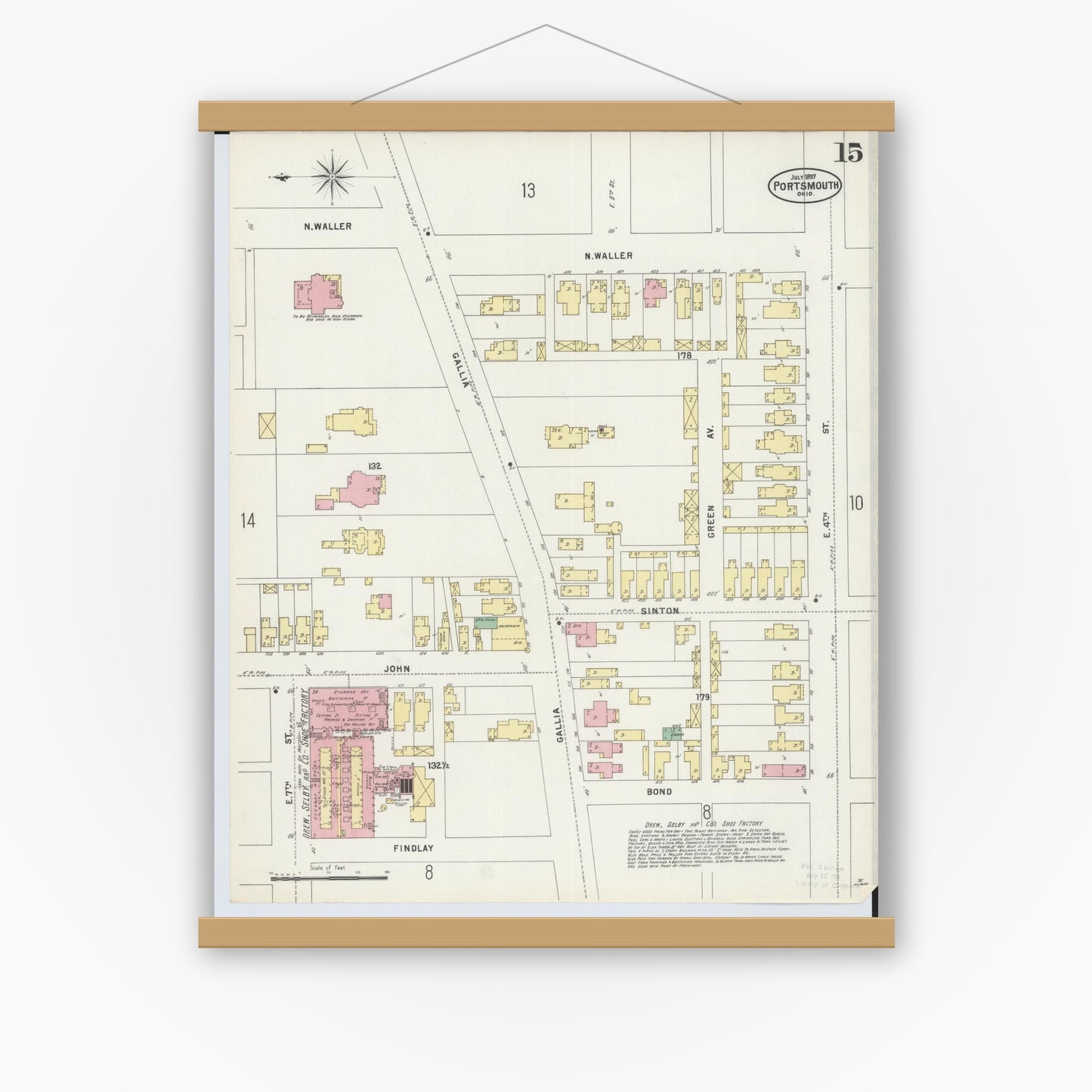 Old map wall art mockup — magnetic wood frame on white wall — Sanborn Fire Insurance Map from Portsmouth, Scioto County, Ohio (1897), Sheet #0015