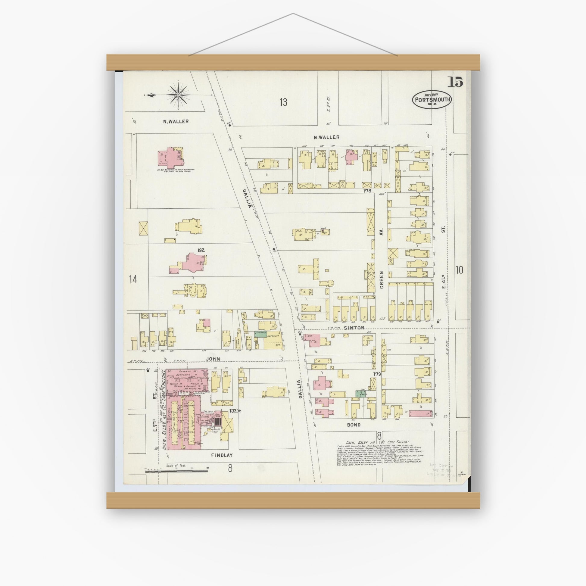 Old map wall art mockup — magnetic wood frame on white wall — Sanborn Fire Insurance Map from Portsmouth, Scioto County, Ohio (1897), Sheet #0015