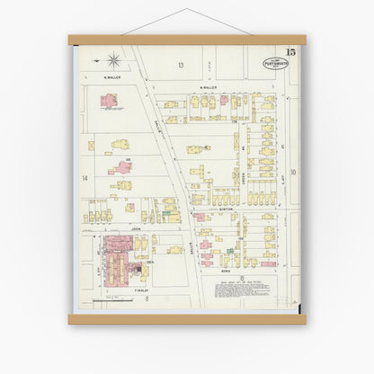Old map wall art mockup — magnetic wood frame on white wall — Sanborn Fire Insurance Map from Portsmouth, Scioto County, Ohio (1897), Sheet #0015