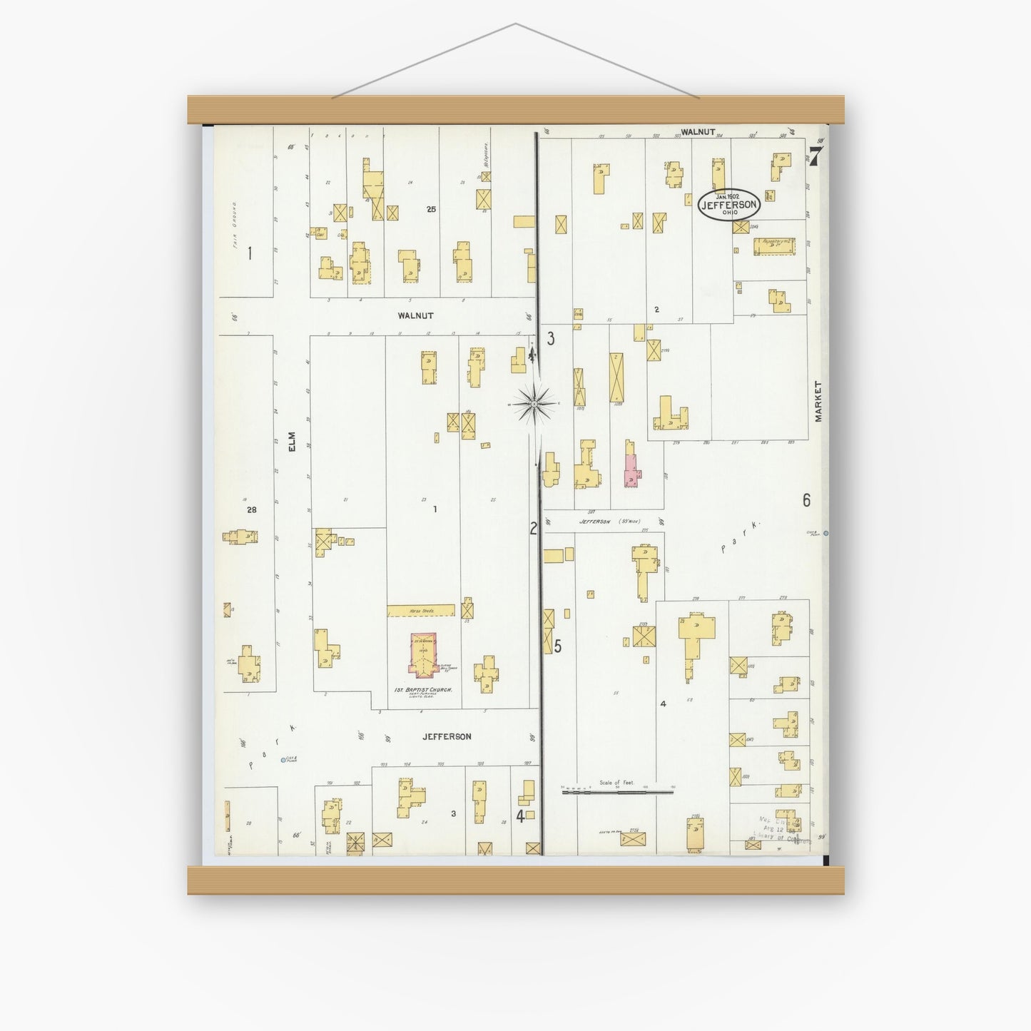 Old map wall art mockup — magnetic wood frame on white wall — Sanborn Fire Insurance Map from Jefferson, Ashtabula County, Ohio (1902), Sheet #0007