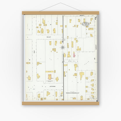 Old map wall art mockup — magnetic wood frame on white wall — Sanborn Fire Insurance Map from Jefferson, Ashtabula County, Ohio (1902), Sheet #0007