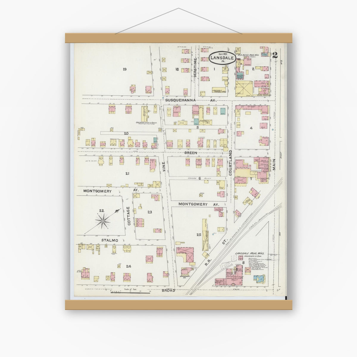 Old map wall art mockup — magnetic wood frame on white wall — Sanborn Fire Insurance Map from Lansdale, Montgomery County, Pennsylvania (1891), Sheet #0002