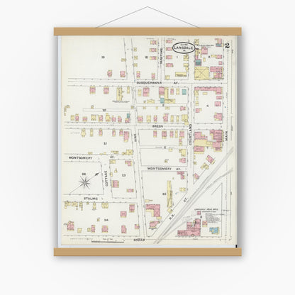 Old map wall art mockup — magnetic wood frame on white wall — Sanborn Fire Insurance Map from Lansdale, Montgomery County, Pennsylvania (1891), Sheet #0002