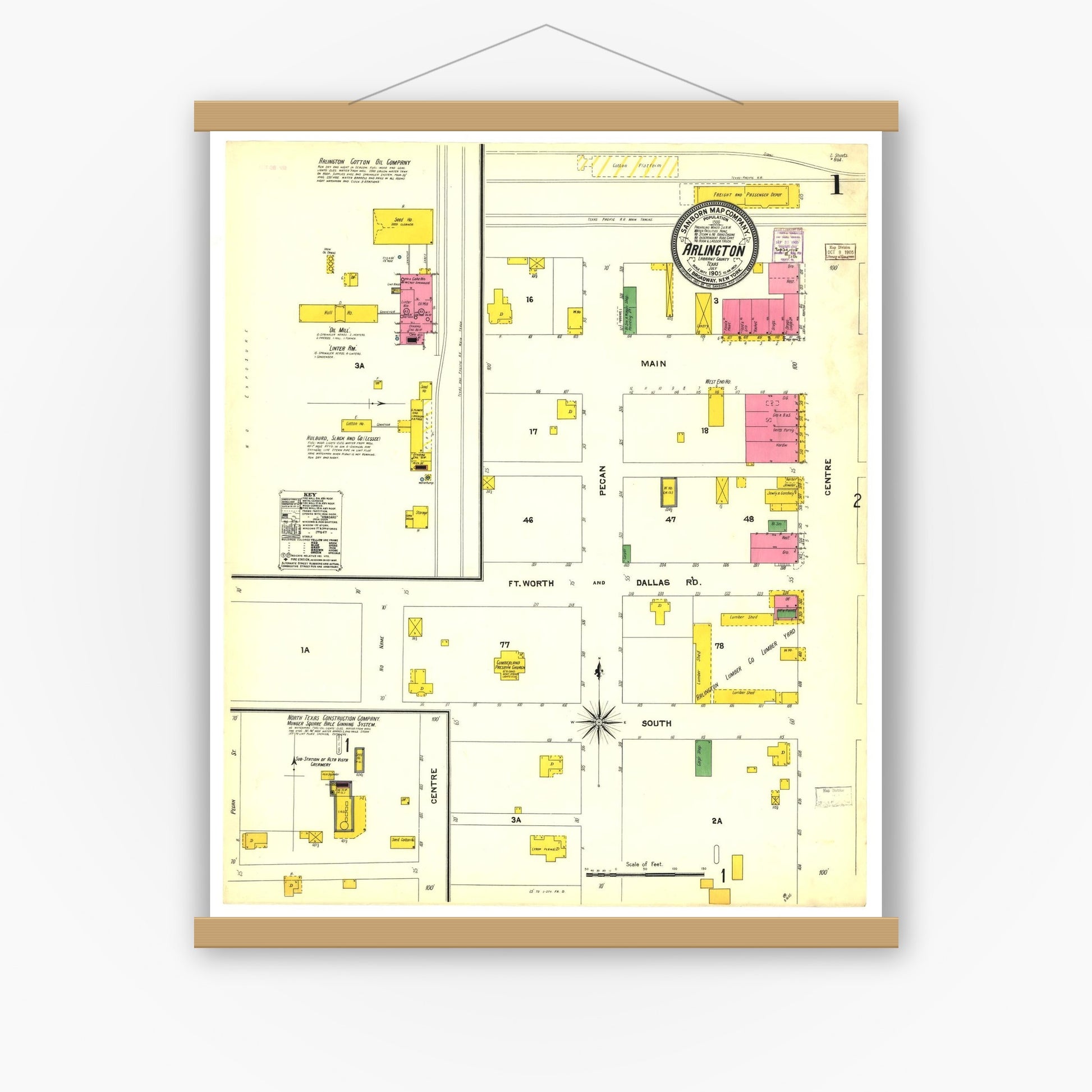 Old map wall art mockup — magnetic wood frame on white wall — Sanborn Fire Insurance Map from Arlington, Tarrant County, Texas (1905), Sheet #0001