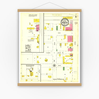 Old map wall art mockup — magnetic wood frame on white wall — Sanborn Fire Insurance Map from Arlington, Tarrant County, Texas (1905), Sheet #0001