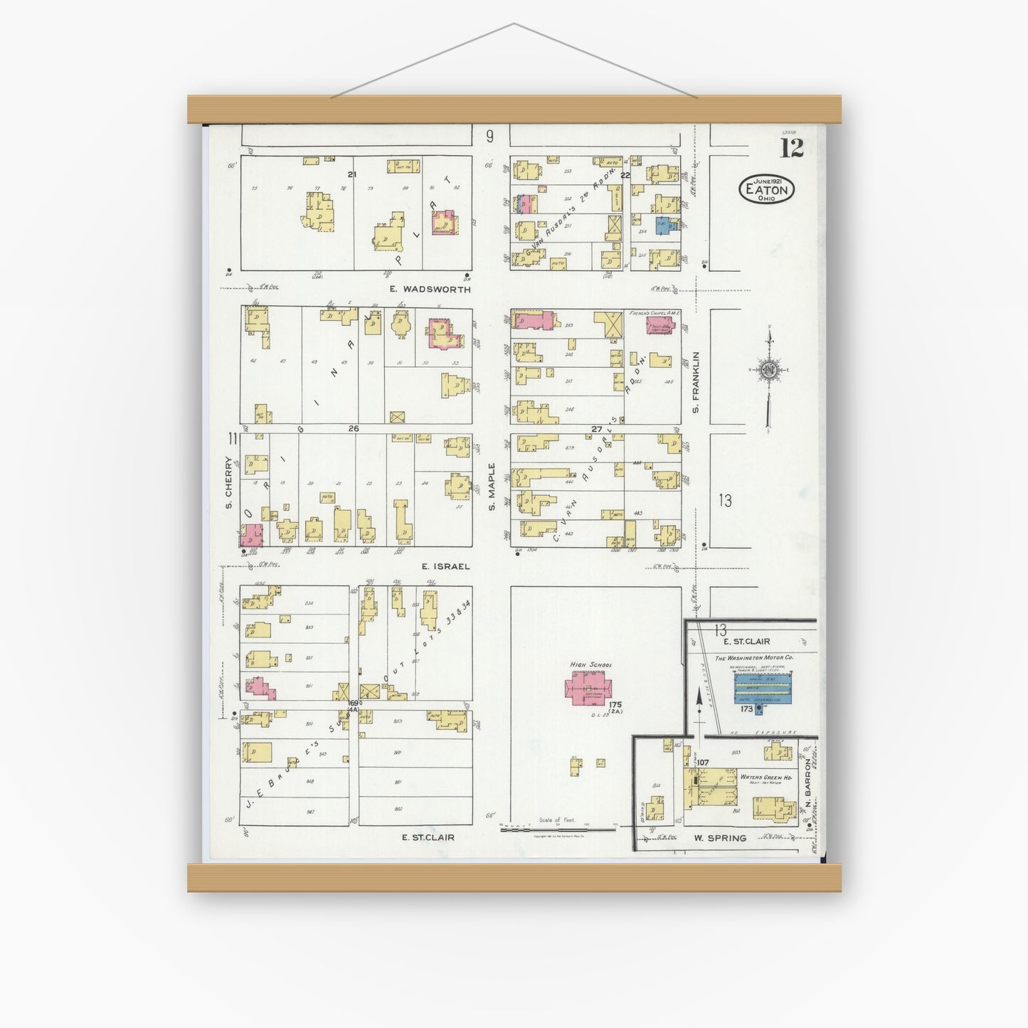 Old map wall art mockup — magnetic wood frame on white wall — Sanborn Fire Insurance Map from Eaton, Preble County, Ohio (1921), Sheet #0012