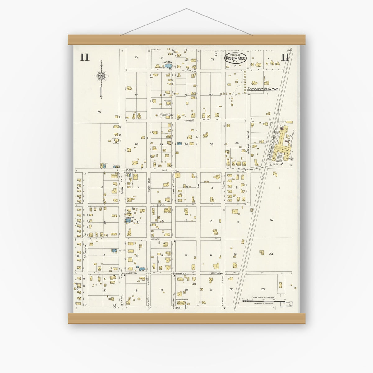 Old map wall art mockup — magnetic wood frame on white wall — Sanborn Fire Insurance Map from Kissimmee, Osceola County, Florida (1926), Sheet #0011