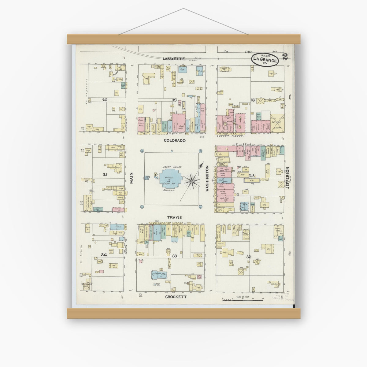 Old map wall art mockup — magnetic wood frame on white wall — Sanborn Fire Insurance Map from La Grange, Fayette County, Texas (1890), Sheet #0002