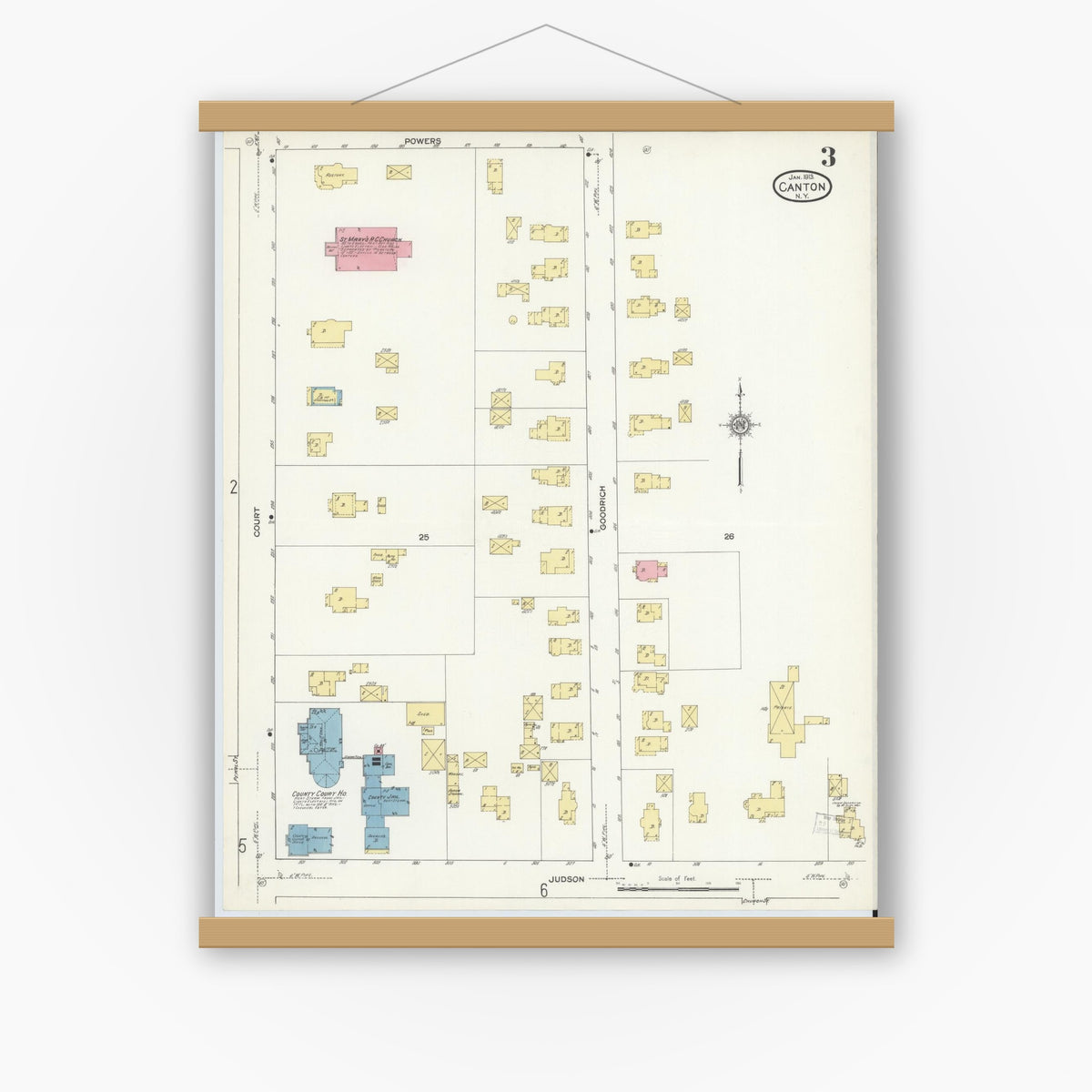 Old map wall art mockup — magnetic wood frame on white wall — Sanborn Fire Insurance Map from Canton, St. Lawrence County, New York (1913), Sheet #0003