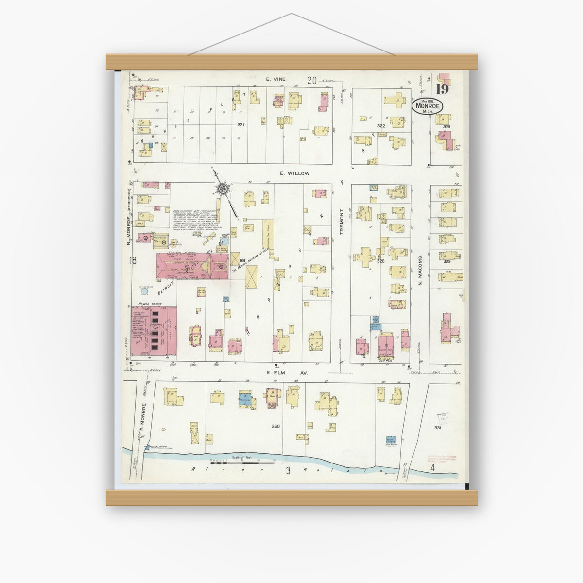 Old map wall art mockup — magnetic wood frame on white wall — Sanborn Fire Insurance Map from Monroe, Monroe County, Michigan (1916), Sheet #0019