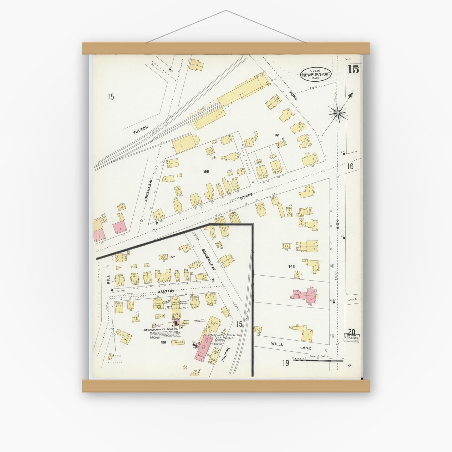 Old map wall art mockup — magnetic wood frame on white wall — Sanborn Fire Insurance Map from Newburyport, Essex County, Massachusetts (1906), Sheet #0015