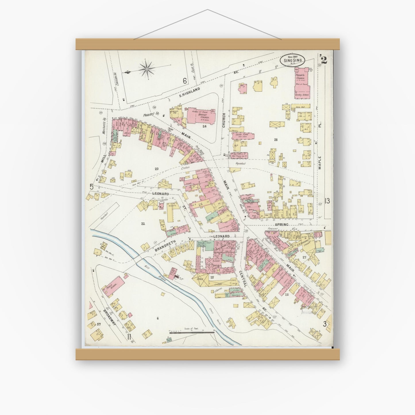 Old map wall art mockup — magnetic wood frame on white wall — Sanborn Fire Insurance Map from Sing Sing, Westchester County, New York (1897), Sheet #0002