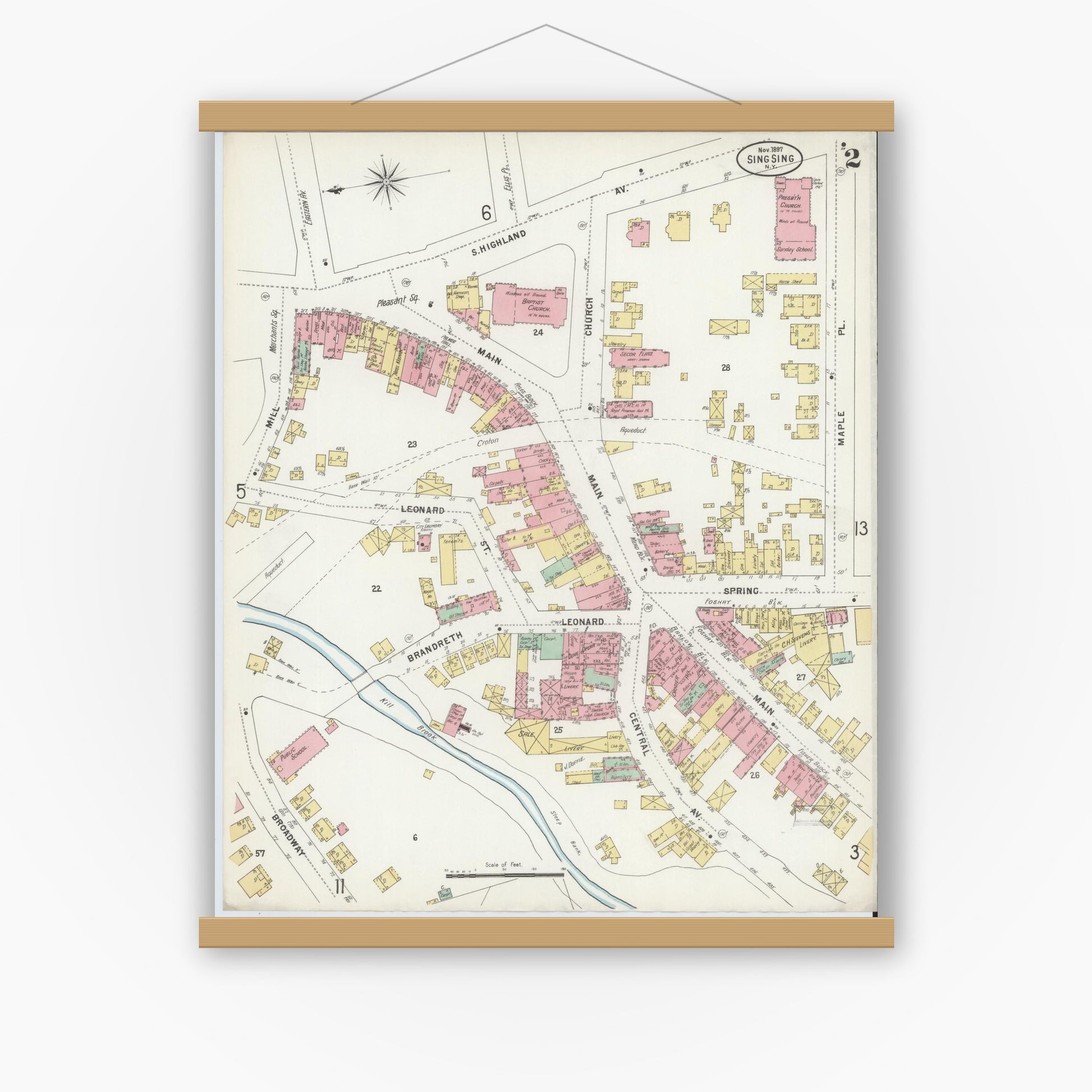 Old map wall art mockup — magnetic wood frame on white wall — Sanborn Fire Insurance Map from Sing Sing, Westchester County, New York (1897), Sheet #0002