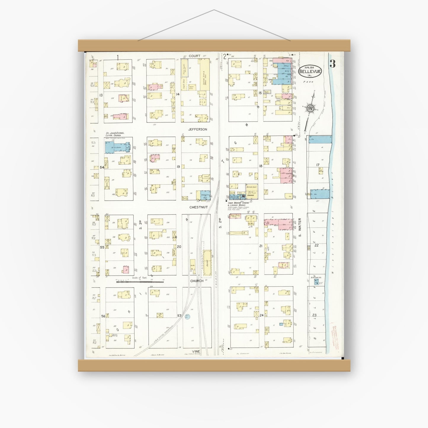 Old map wall art mockup — magnetic wood frame on white wall — Sanborn Fire Insurance Map from Bellevue, Jackson County, Iowa (1914), Sheet #0003