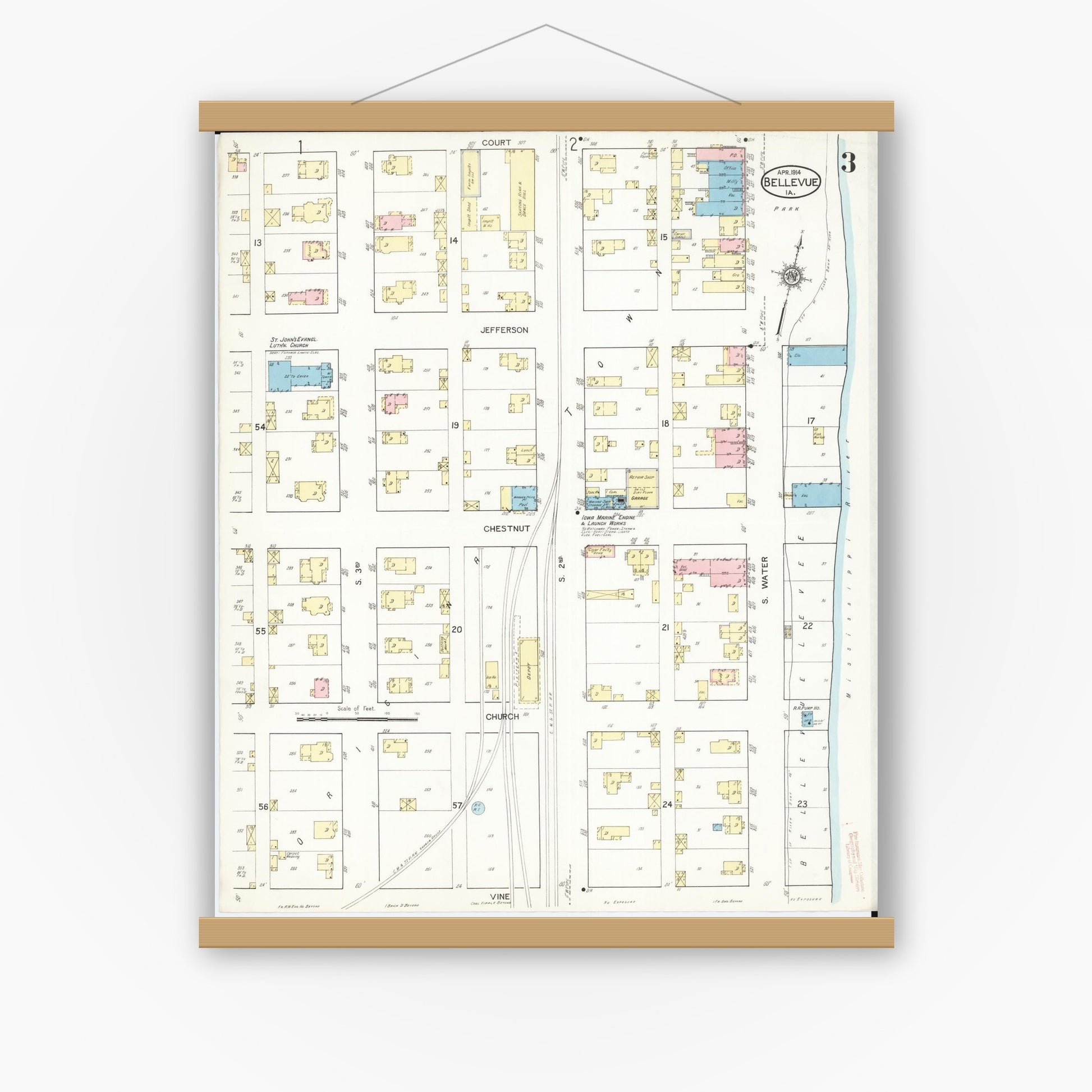 Old map wall art mockup — magnetic wood frame on white wall — Sanborn Fire Insurance Map from Bellevue, Jackson County, Iowa (1914), Sheet #0003