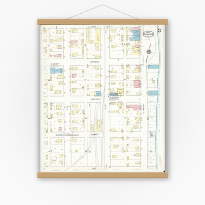 Old map wall art mockup — magnetic wood frame on white wall — Sanborn Fire Insurance Map from Bellevue, Jackson County, Iowa (1914), Sheet #0003
