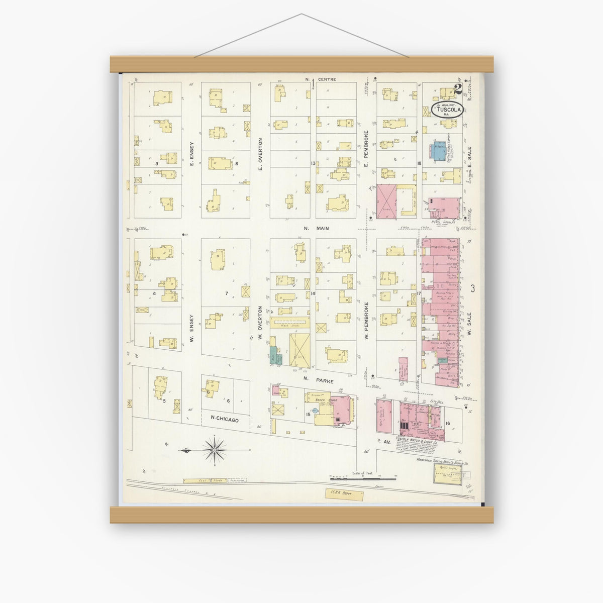 Old map wall art mockup — magnetic wood frame on white wall — Sanborn Fire Insurance Map from Tuscola, Douglas County, Illinois (1907), Sheet #0002