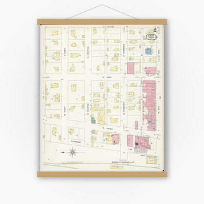 Old map wall art mockup — magnetic wood frame on white wall — Sanborn Fire Insurance Map from Tuscola, Douglas County, Illinois (1907), Sheet #0002