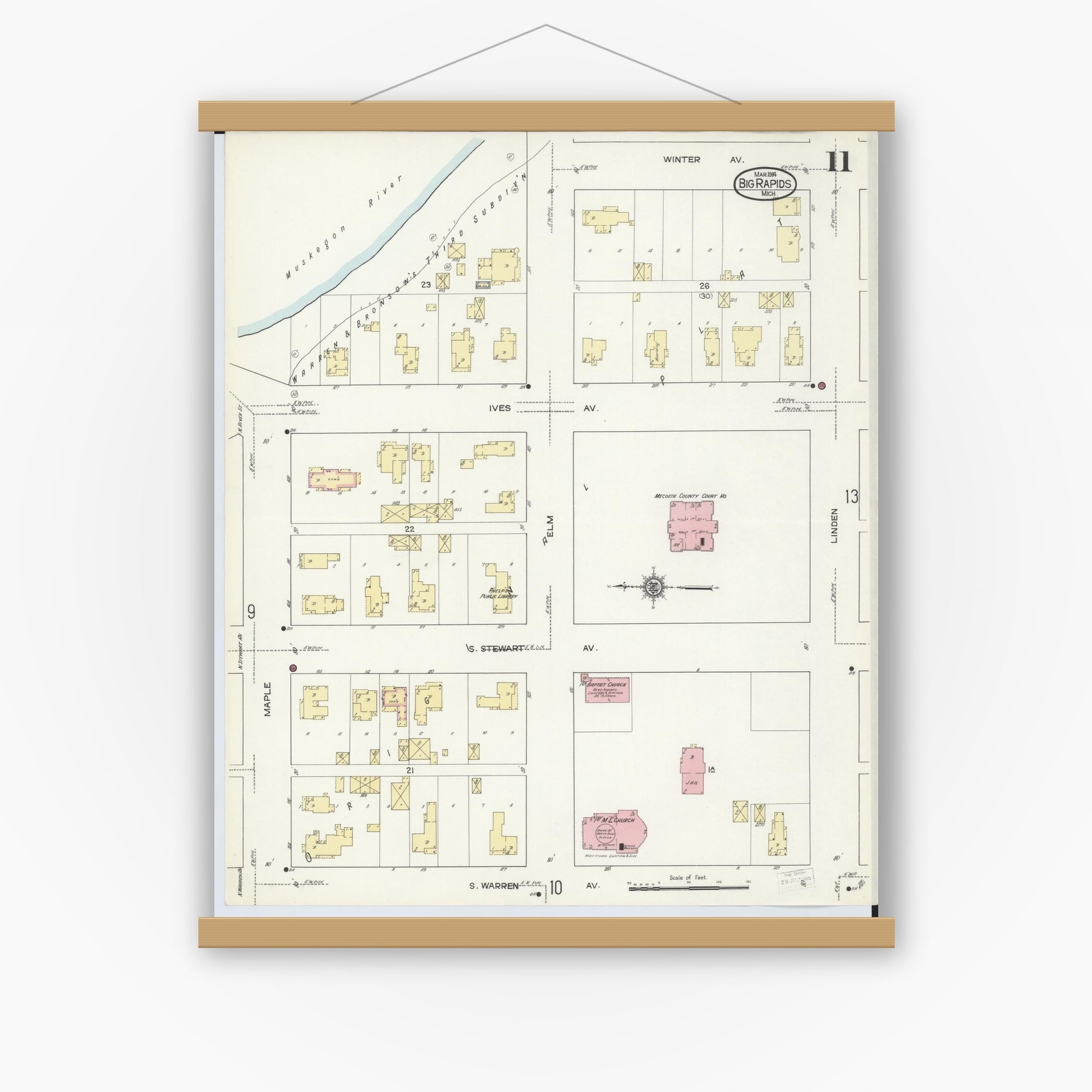 Old map wall art mockup — magnetic wood frame on white wall — Sanborn Fire Insurance Map from Big Rapids, Mecosta County, Michigan (1914), Sheet #0011