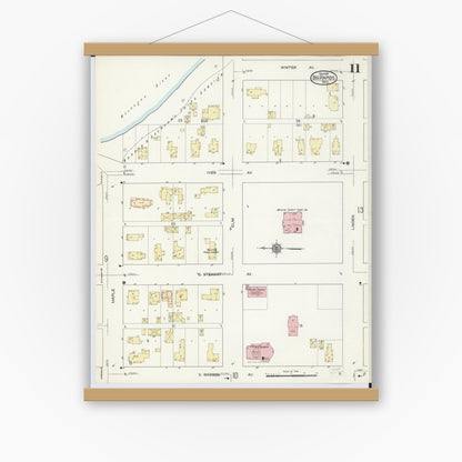 Old map wall art mockup — magnetic wood frame on white wall — Sanborn Fire Insurance Map from Big Rapids, Mecosta County, Michigan (1914), Sheet #0011