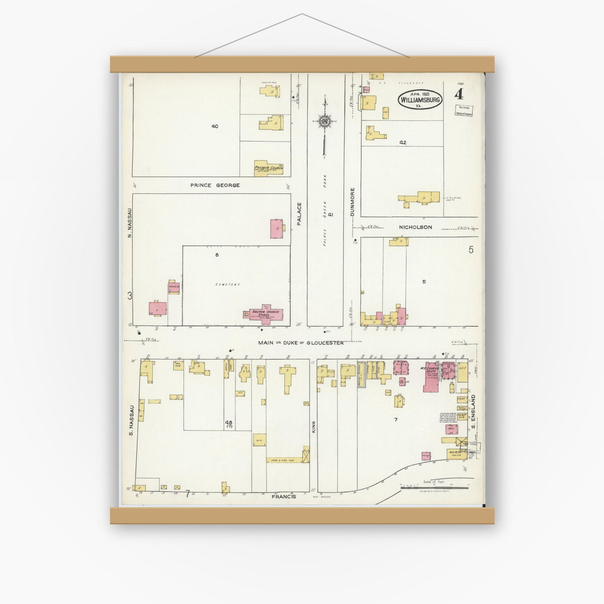 Old map wall art mockup — magnetic wood frame on white wall — Sanborn Fire Insurance Map from Williamsburg, Independent Cities, Virginia (1921), Sheet #0004