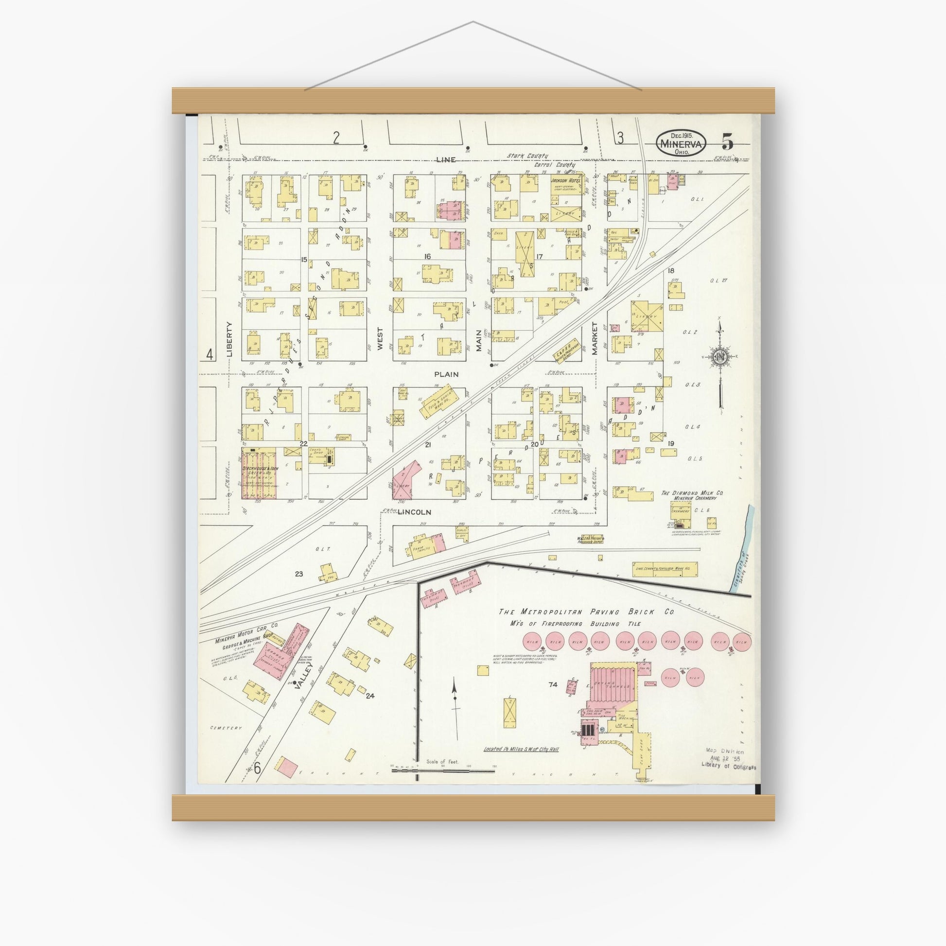 Old map wall art mockup — magnetic wood frame on white wall — Sanborn Fire Insurance Map from Minerva, Stark And Carroll Counties, Ohio (1915), Sheet #0005