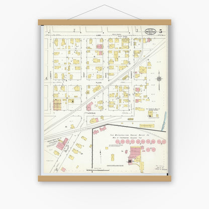 Old map wall art mockup — magnetic wood frame on white wall — Sanborn Fire Insurance Map from Minerva, Stark And Carroll Counties, Ohio (1915), Sheet #0005