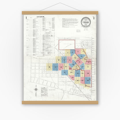 Old map wall art mockup — magnetic wood frame on white wall — Sanborn Fire Insurance Map from Torrance, Los Angeles County, California (1929) - Complete Map Set