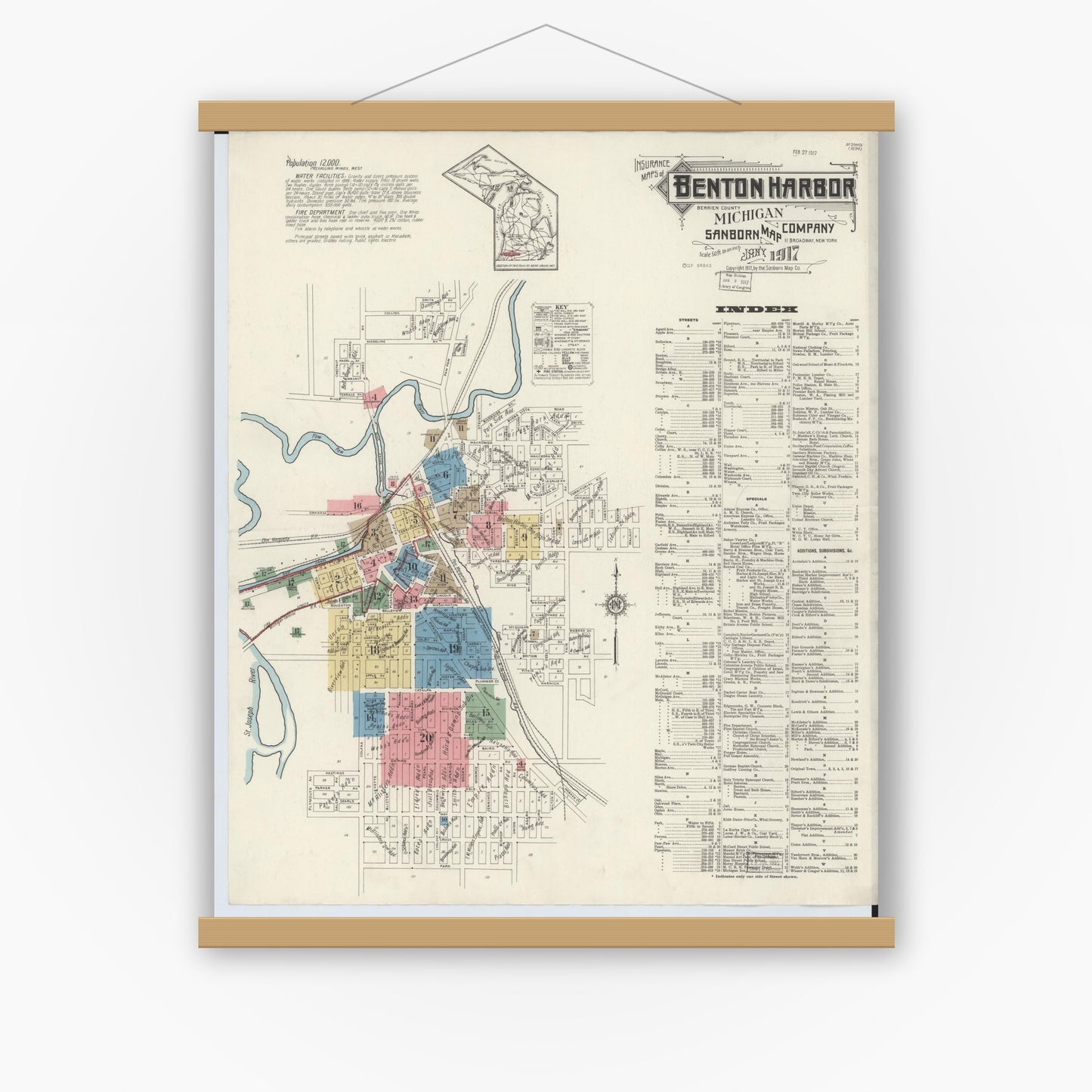 Old map wall art mockup — magnetic wood frame on white wall — Sanborn Fire Insurance Map from Benton Harbor, Berrien County, Michigan (1917), Sheet #0001