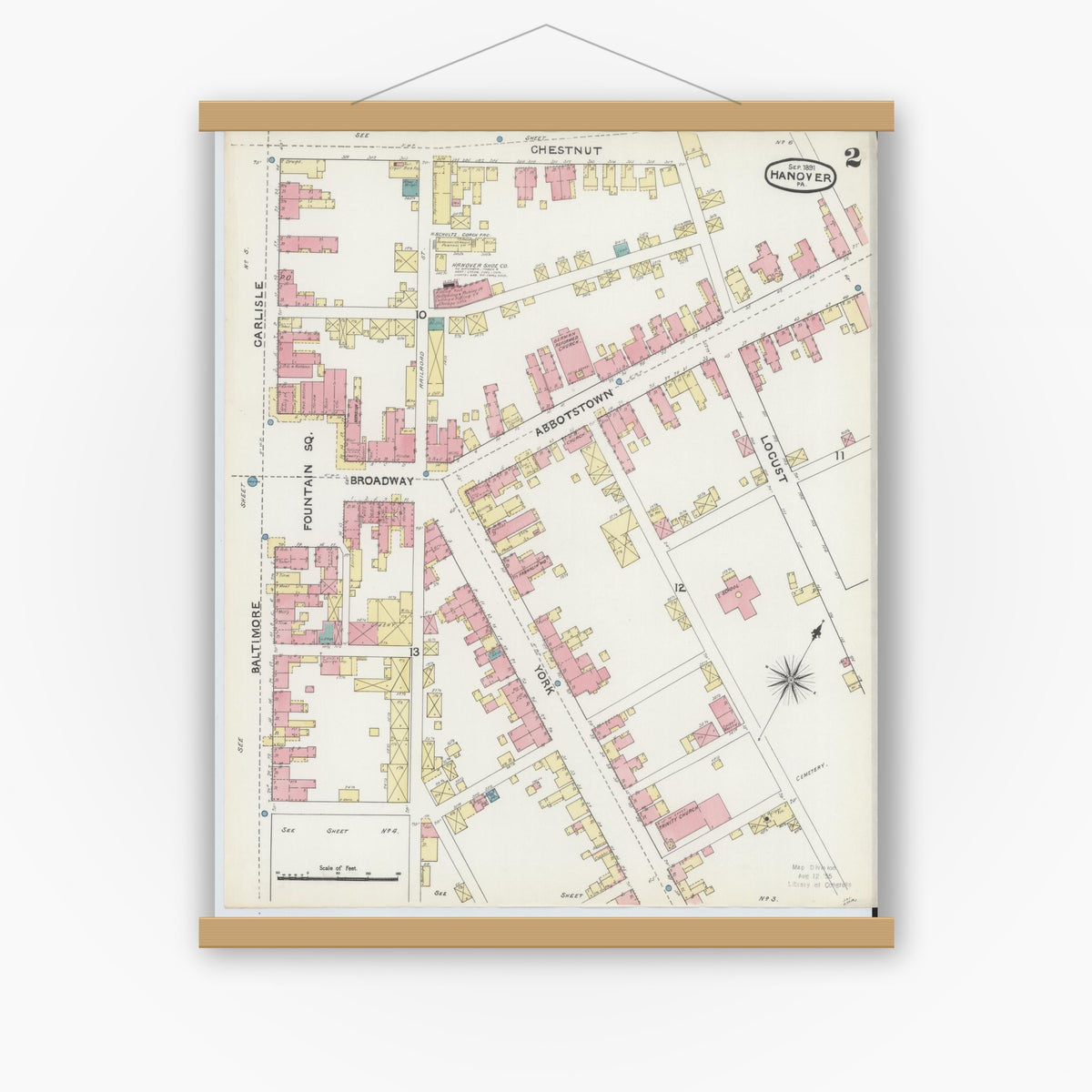 Old map wall art mockup — magnetic wood frame on white wall — Sanborn Fire Insurance Map from Hanover, York County, Pennsylvania (1891), Sheet #0002