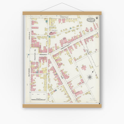 Old map wall art mockup — magnetic wood frame on white wall — Sanborn Fire Insurance Map from Hanover, York County, Pennsylvania (1891), Sheet #0002