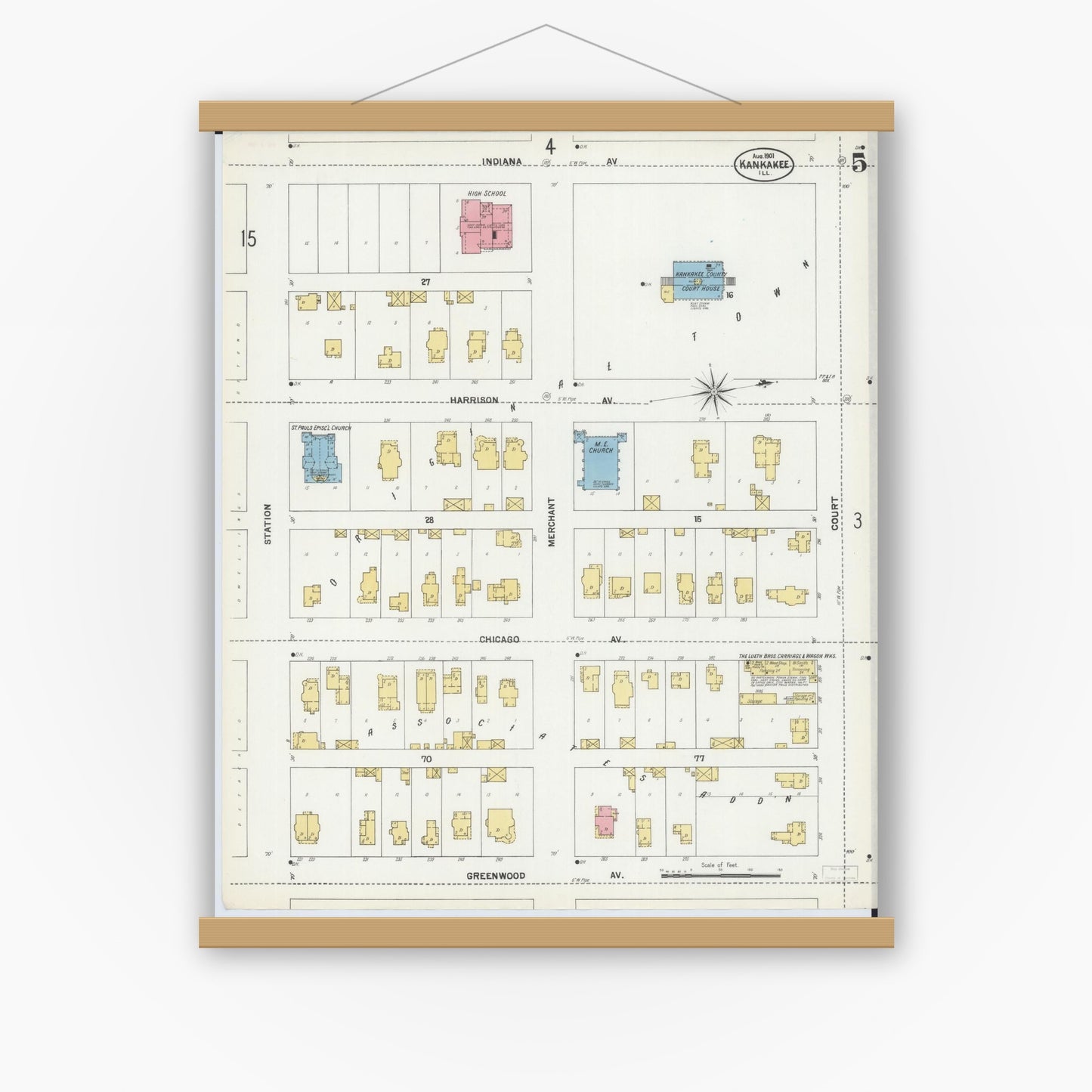 Old map wall art mockup — magnetic wood frame on white wall — Sanborn Fire Insurance Map from Kankakee, Kankakee County, Illinois (1901), Sheet #0005