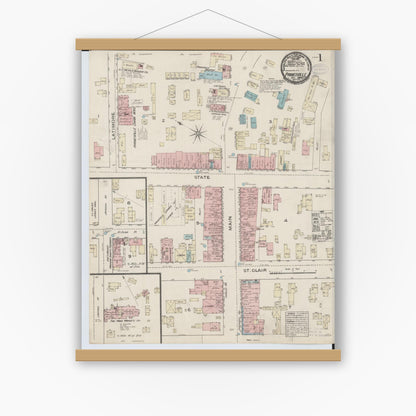Old map wall art mockup — magnetic wood frame on white wall — Sanborn Fire Insurance Map from Painesville, Lake County, Ohio (1884) - Complete Map Set
