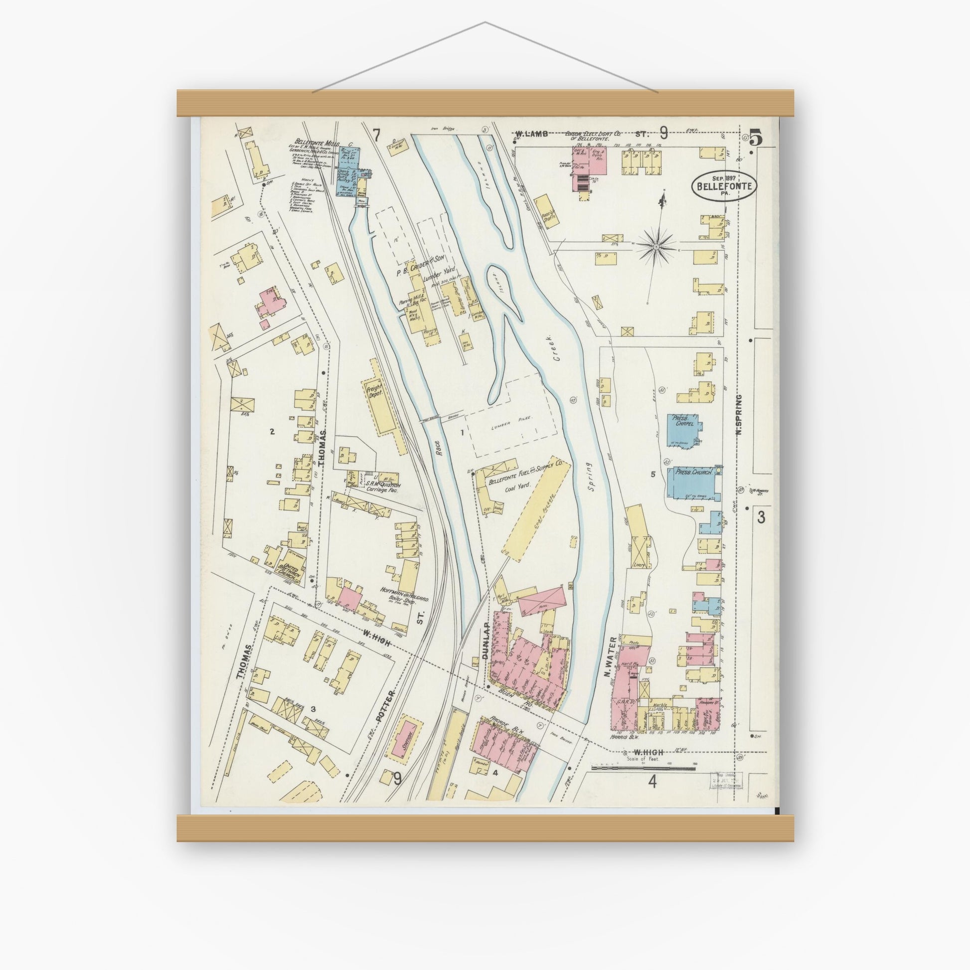 Old map wall art mockup — magnetic wood frame on white wall — Sanborn Fire Insurance Map from Bellefonte, Centre County, Pennsylvania (1897), Sheet #0005